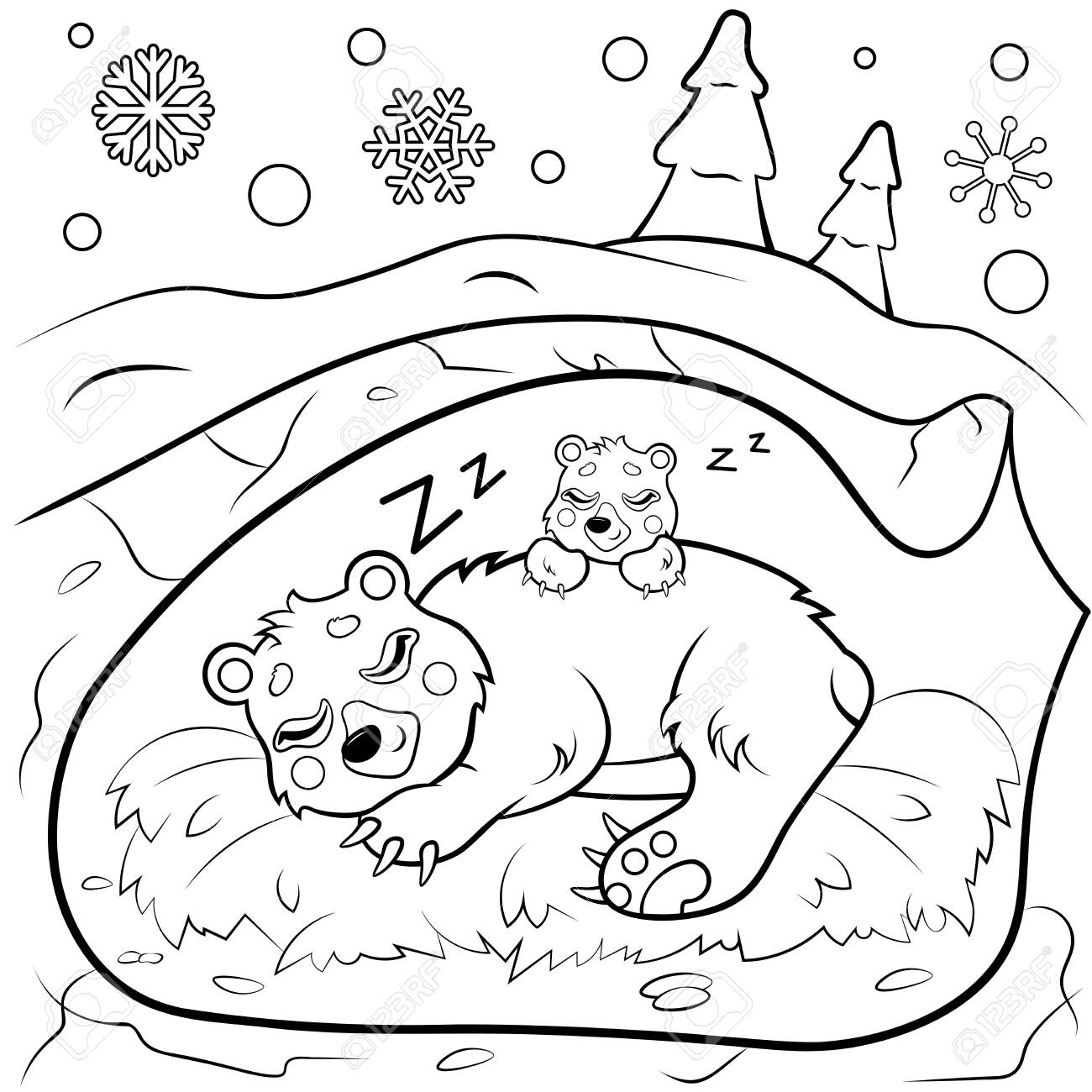 Cute cartoon sleeping bears in den in winter vector coloring page bear mom with her cub coloring book of forest animals for kids royalty free svg cliparts vectors and stock illustration