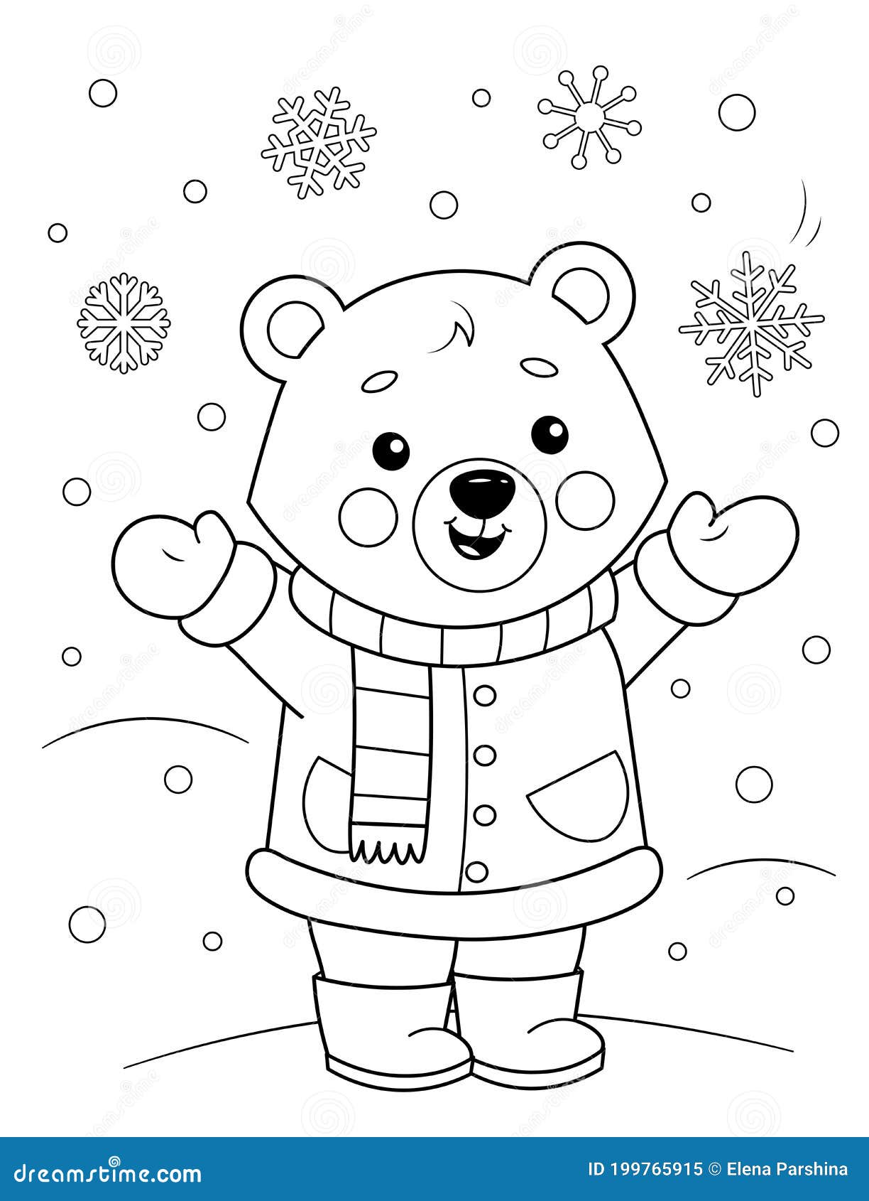 Coloring page of a cute cartoon teddy bear in winter clothes enjoying the snow coloring book for kids stock vector