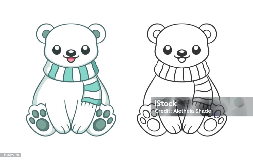 Cute chibi snow polar bear wearing a scarf outline and colored doodle cartoon illustration set winter christmas theme coloring book page activity for kids and adults stock illustration