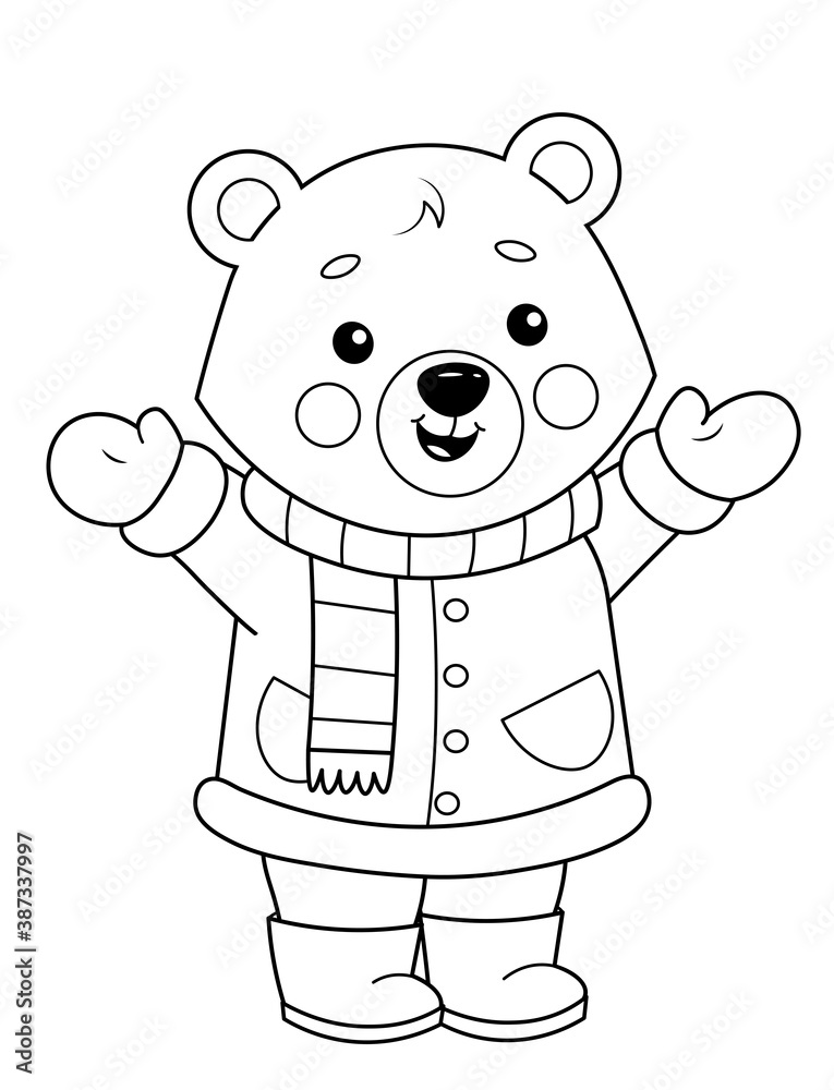 Coloring page of a cute cartoon teddy bear in winter clothes coloring book for kids vector