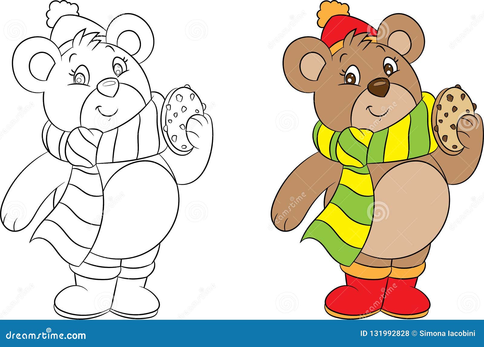 Cute little winter bear holding a chocolate chip cookie prepared especially for childrens coloring book stock vector