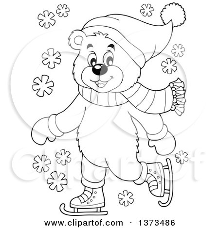 Clipart of a black and white bear ice skating and wearing winter accessories