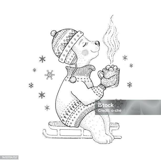 Christmas polar bear coloring book page baby animal with warm coffee winter weather cute vector holiday