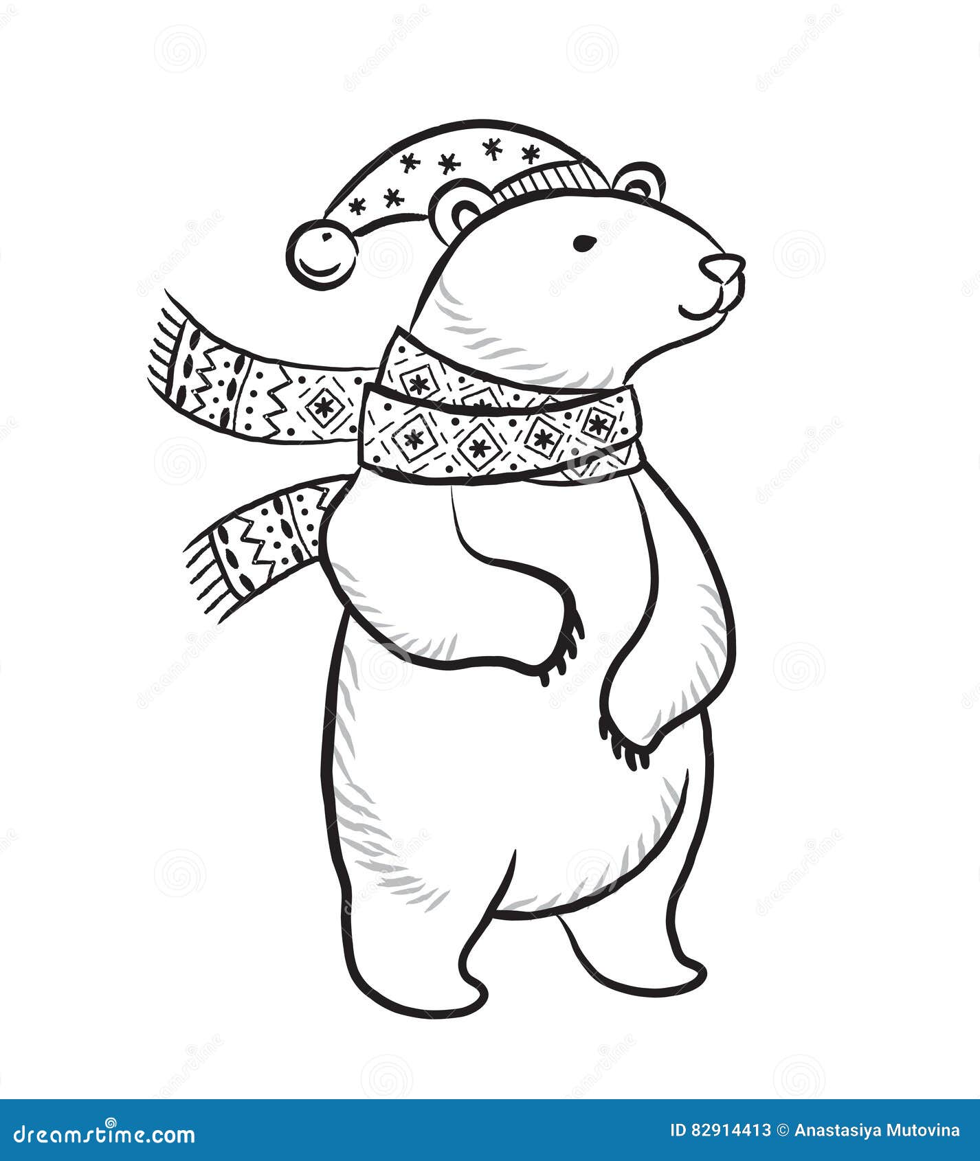 Hand drawn outline print with polar bear in winter scarf and hat stock vector