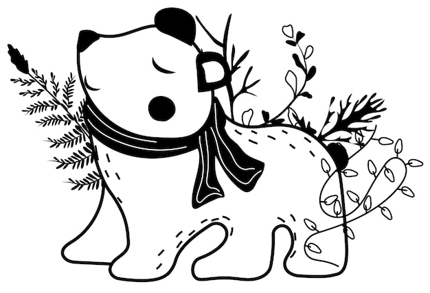 Premium vector magical winter black and white a cute polar bear in a scarf winter leaves garland