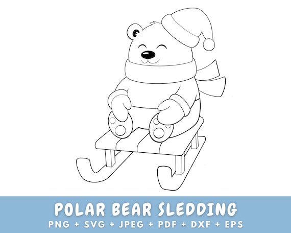 Cute polar bear sleddingpolar bear svgchristmas color pagechristmas cricutcute christmas clip artchristmas printable pngwrapping paper instant download