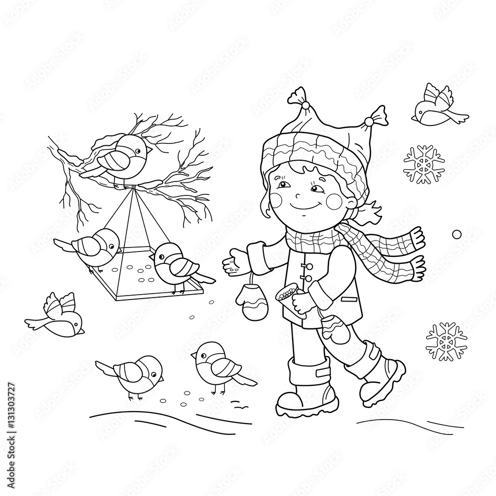 Coloring page outline of cartoon girl feeding birds bird feeder winter coloring book for kids vector