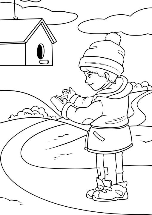 Child with bird in winter coloring page