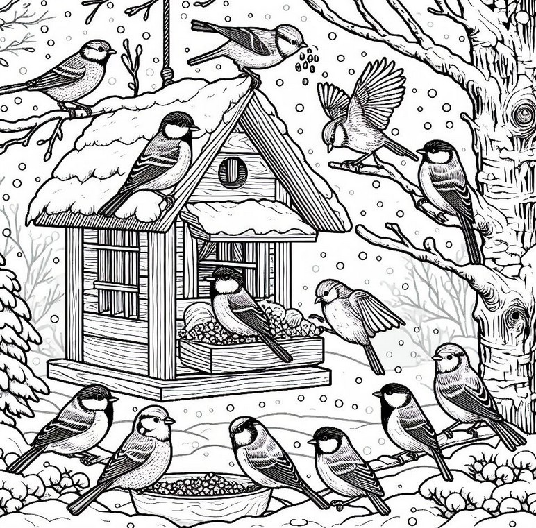 Coloring page winter bird feeder