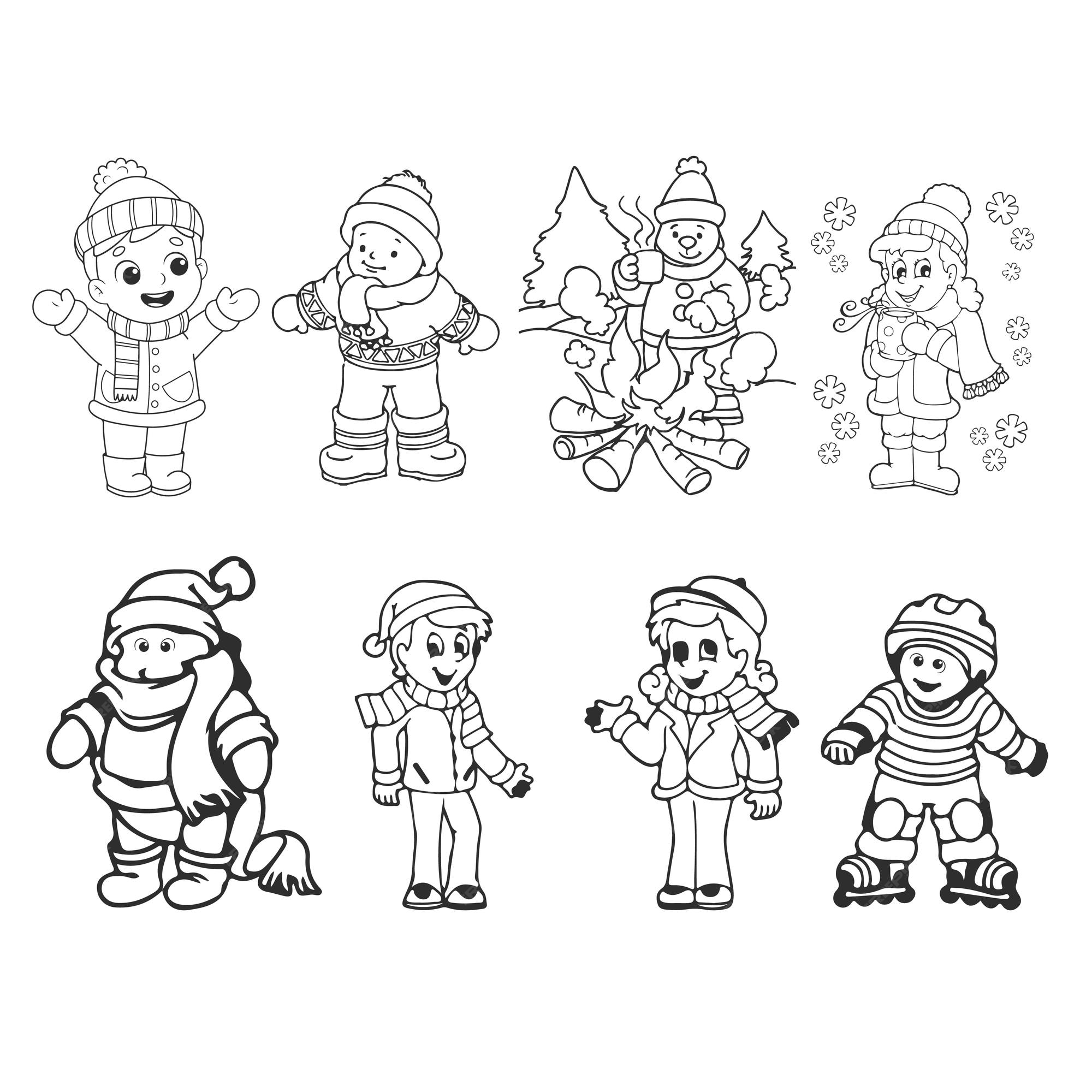 Premium vector coloring book for kids set of winter human clipart