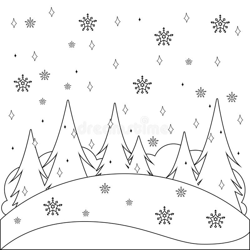 Winter landscape with snow vector black and white coloring page stock vector