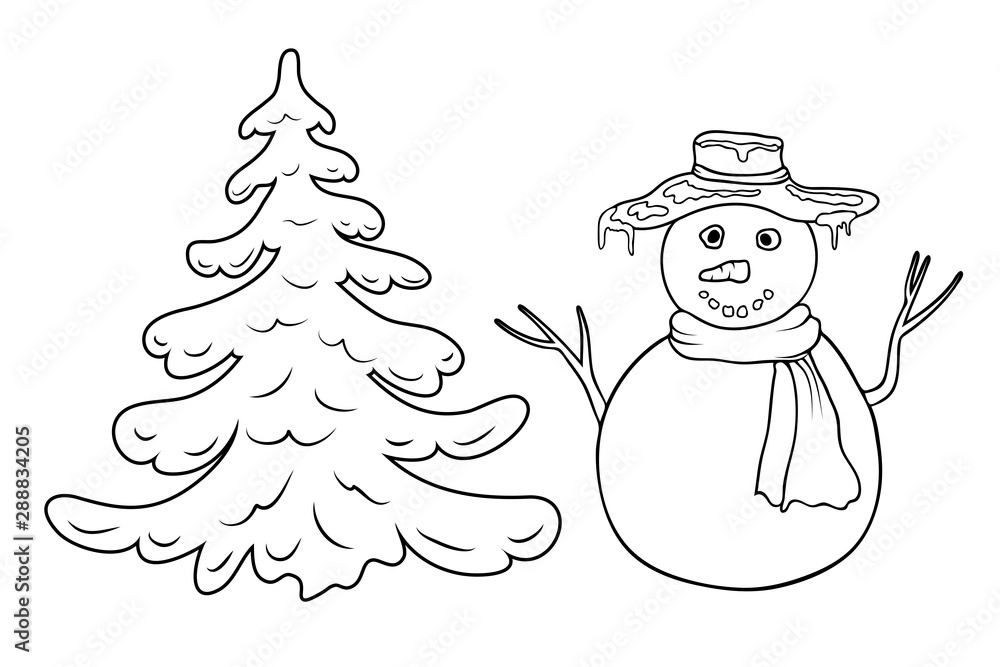 Cute cartoon coloring snowman and fir tree outline silhouette isolated on white coloring page with snowman and fir or pine tree black and white winter or christmas illustration for coloring book