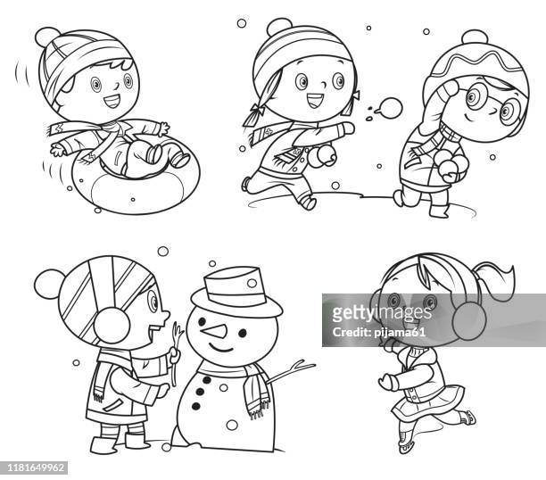 Coloring book happy childrens playing in winter games high