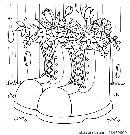 Spring boots with flowers coloring page for kids