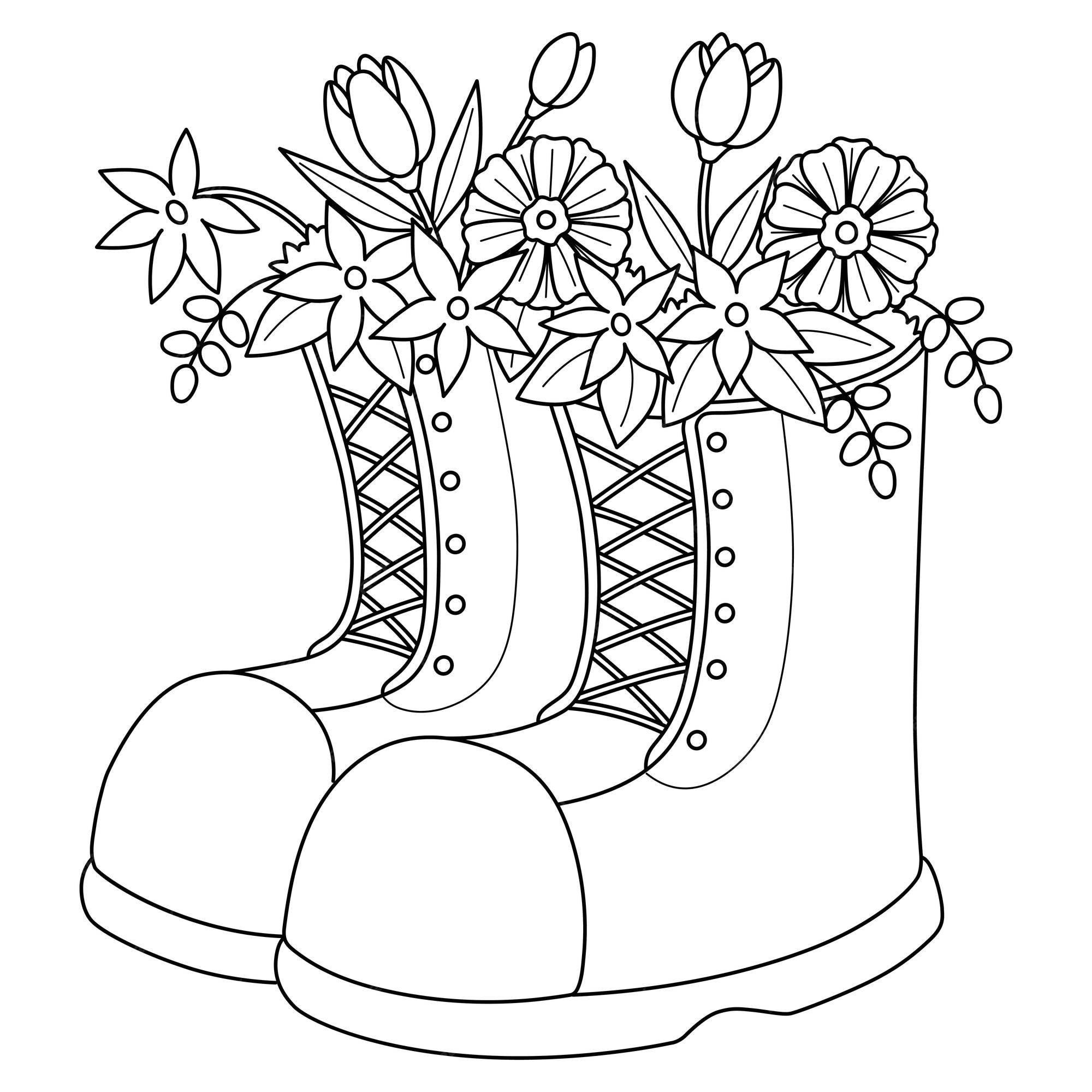 Premium vector spring boots with flowers isolated coloring page