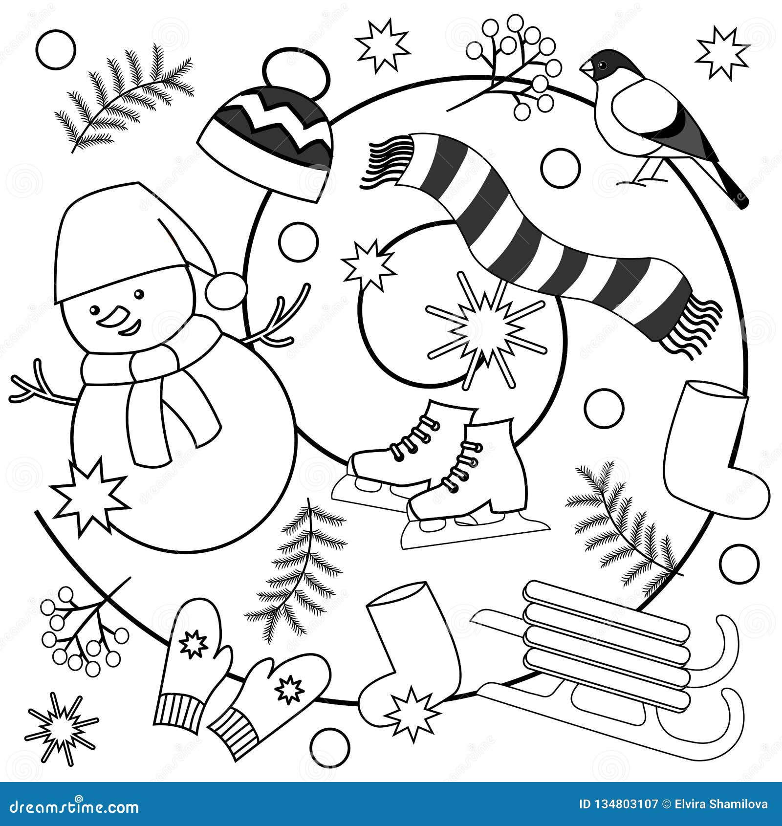 Winter coloring pages for kids and adults stock illustration