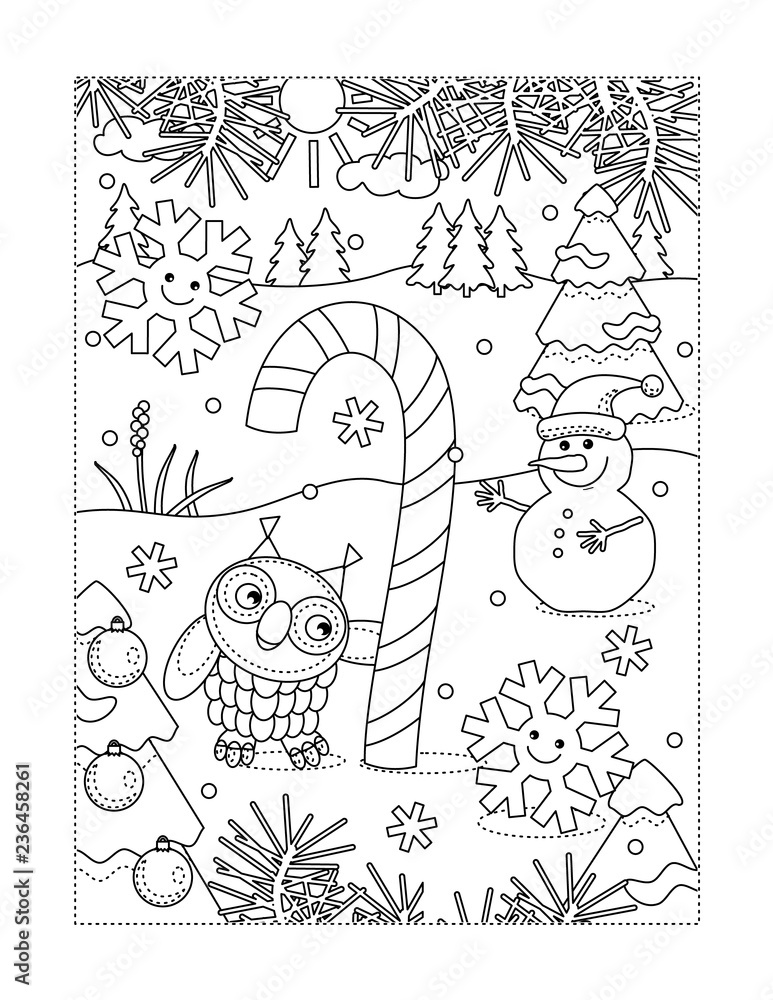 Winter holidays joy themed coloring page with big magic candy cane owl snowman two cheerful snowflakes outdoor scene vector