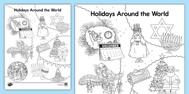 Winter holidays around the world coloring activity