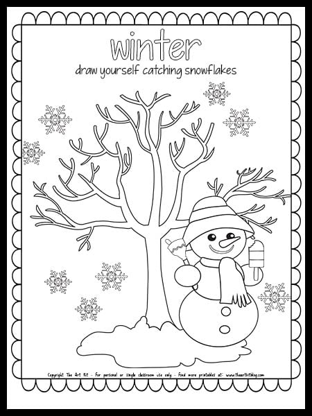 Winter coloring page â draw yourself catching snowflakes â free printable â the art kit