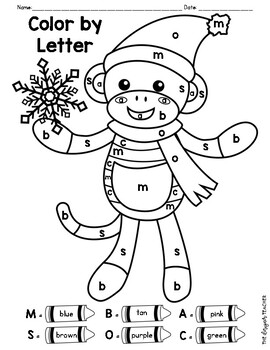 Winter sock monkey color by letter coloring page freebie tpt