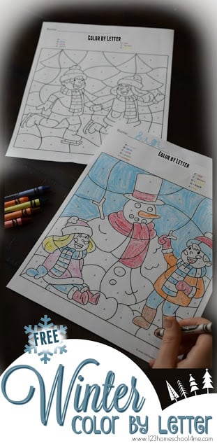 Free winter color by letter worksheets