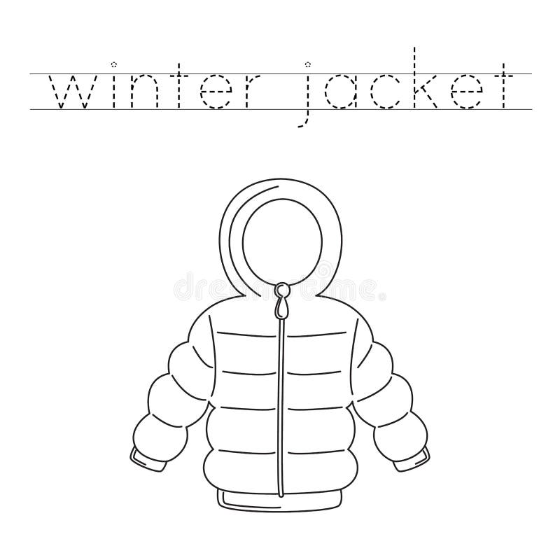 Trace the letters and color winter jacket handwriting practice for kids stock vector