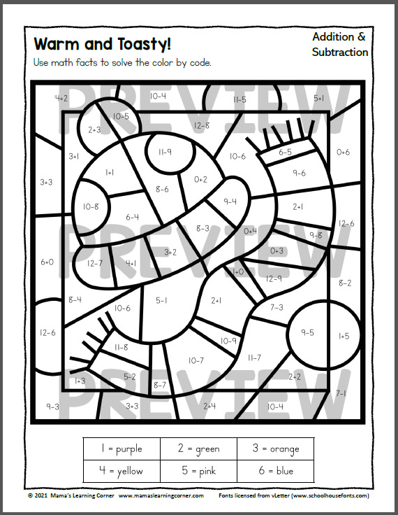 Winter color by addition and subtraction worksheets