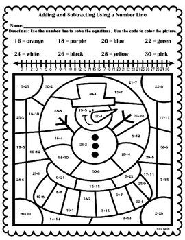 Free winter color by number adding and subtracting using a number line winter math subtraction adding and subtracting