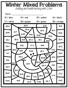 Winter color by number addition and subtraction tpt