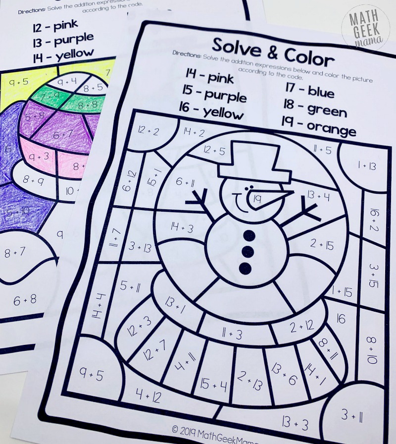 Free winter solve color addition to practice