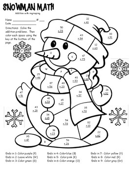 Winter math facts color sheet digit addition with regrouping tpt