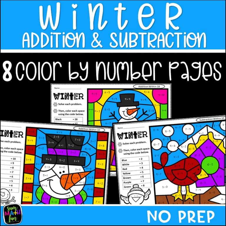 Winter color by number addition and subtraction worksheets