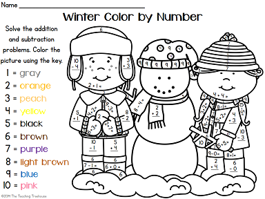 Winter color by number addition subtraction within made by teachers