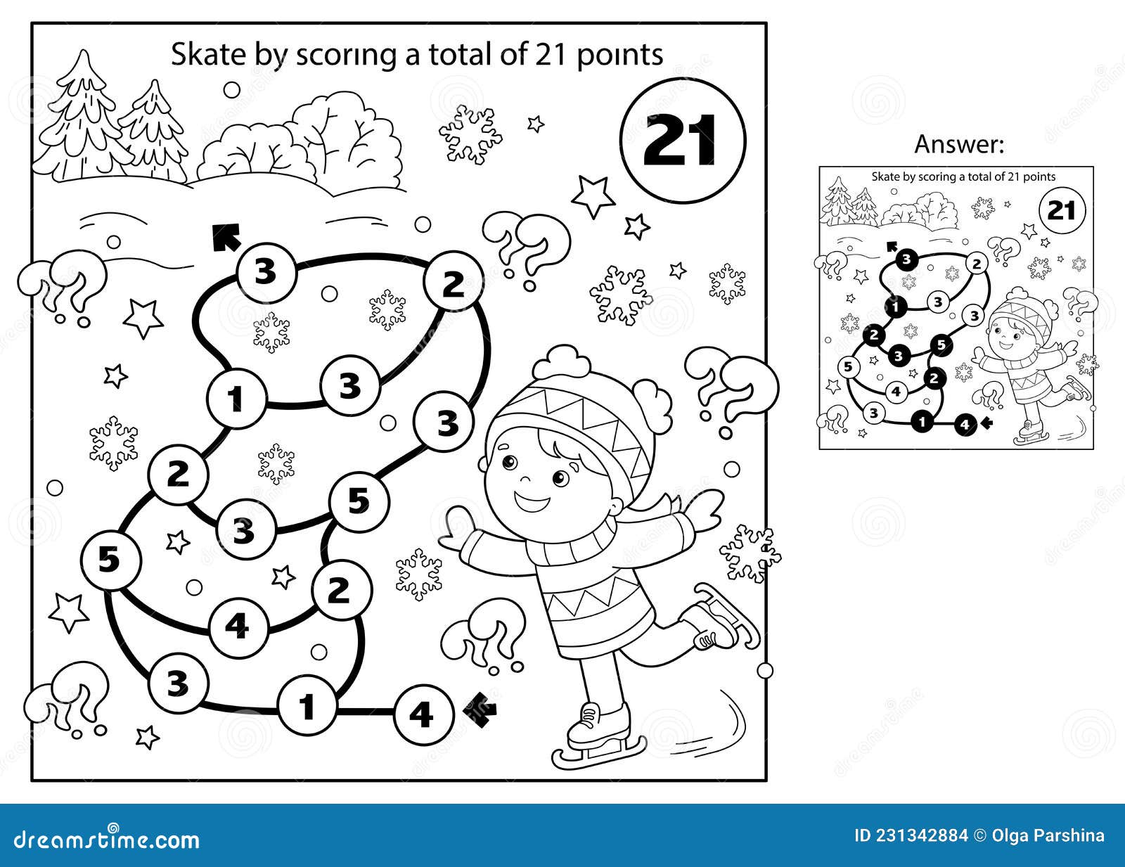 Math addition game puzzle for kids maze coloring page outline of cartoon girl skating winter sports stock vector