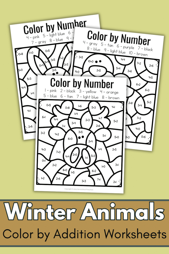 Winter animals color by sum worksheets free homeschool deals