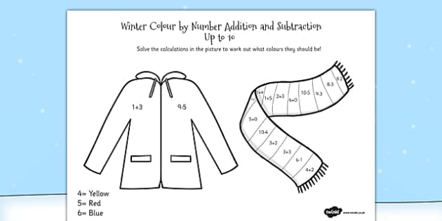 Winter colour by number addition and subtraction up to