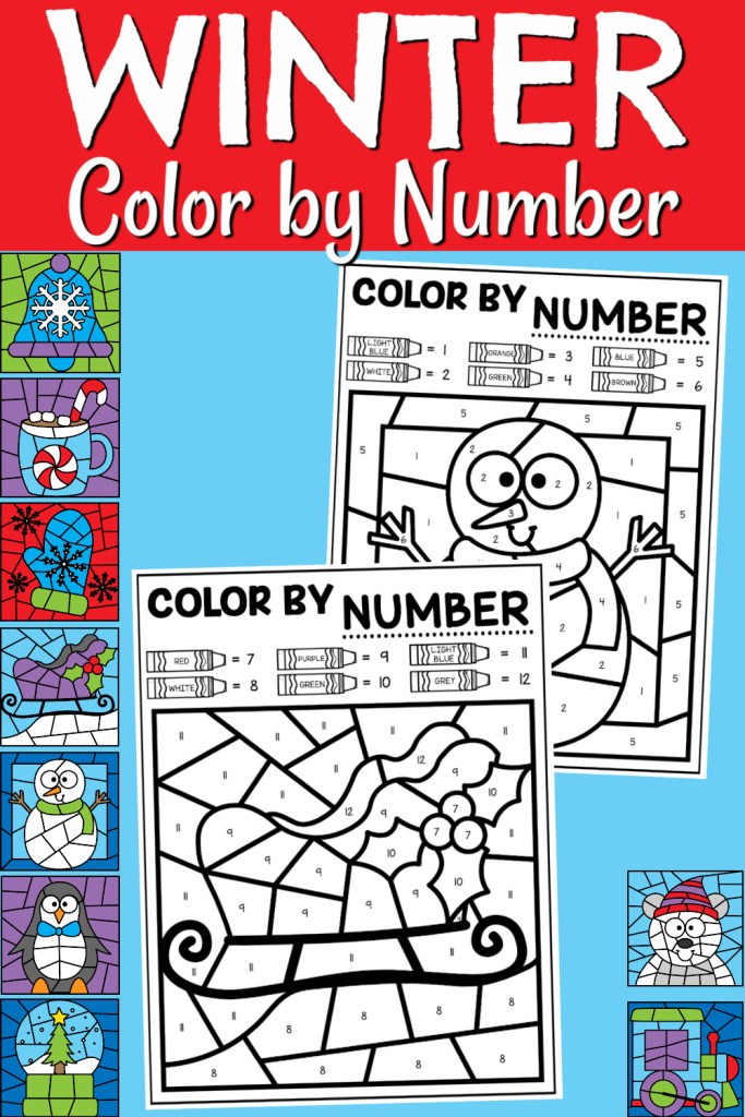 Winter christmas lor by number pages for kids free printables