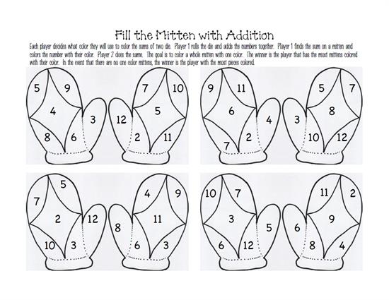 Free winter fill the mitten with addition printable â