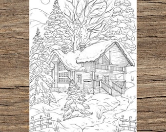 Winter house printable adult coloring page from favoreads coloring book pages for adults and kids coloring sheets colouring designs