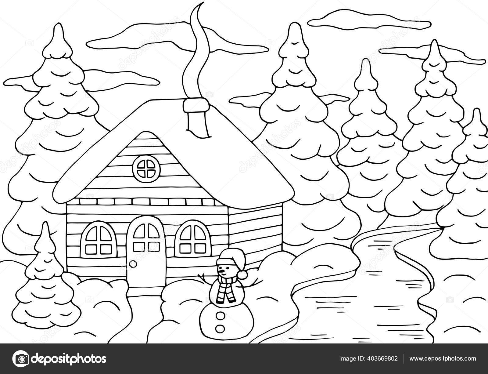 Horizontal coloring page beautiful house winter forest christmas tree stock vector by elvirkindomyandexru