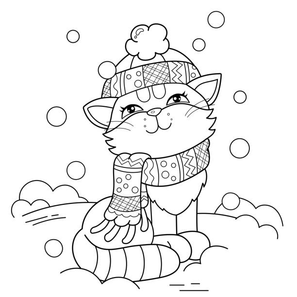 Coloring page outline of cartoon cute cat in a winter hat with a scarf in the snow coloring book for kids stock illustration