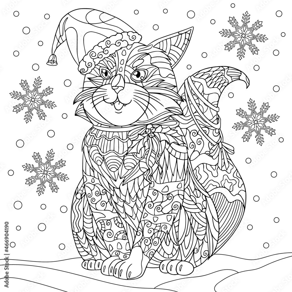 Cute cat in christmas hat see snow in winter coloring book page for adult with doodle and zentangle elements vector hand drawn isolated vector