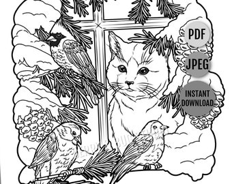 Winter cat coloring page printable adult coloring page instant download pdf birds cardinal cute detailed realistic animal