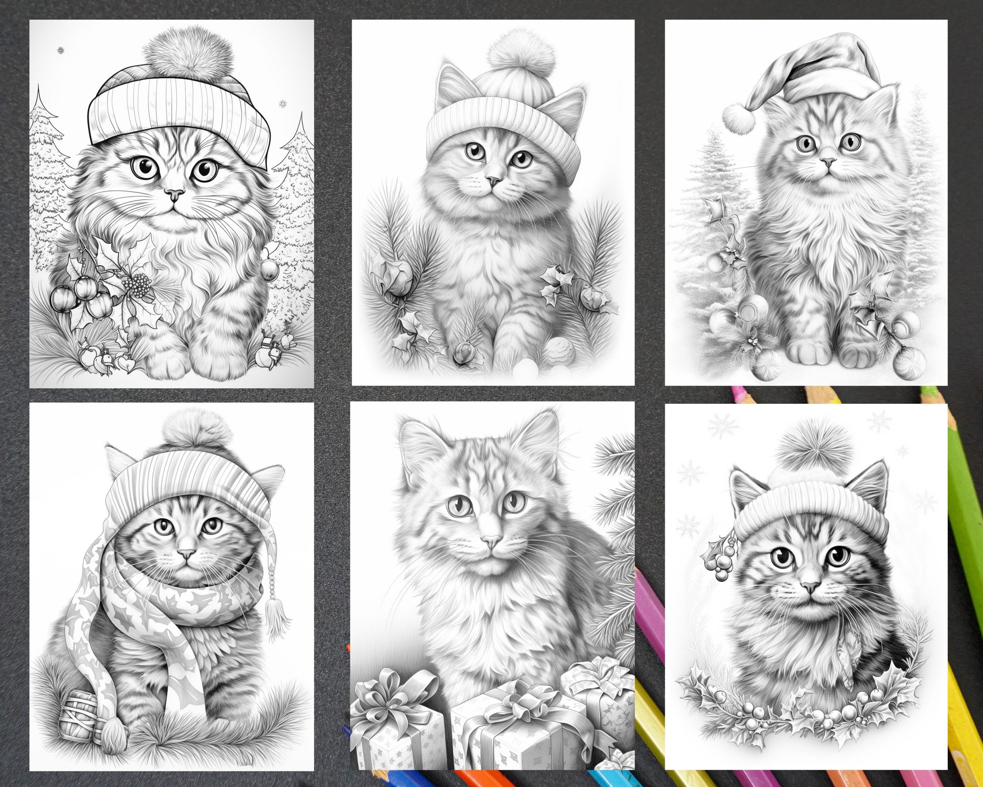 Christmas cats grayscale coloring pages for adults printable pdf i â coloring