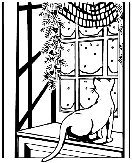 Cat watching snow coloring page