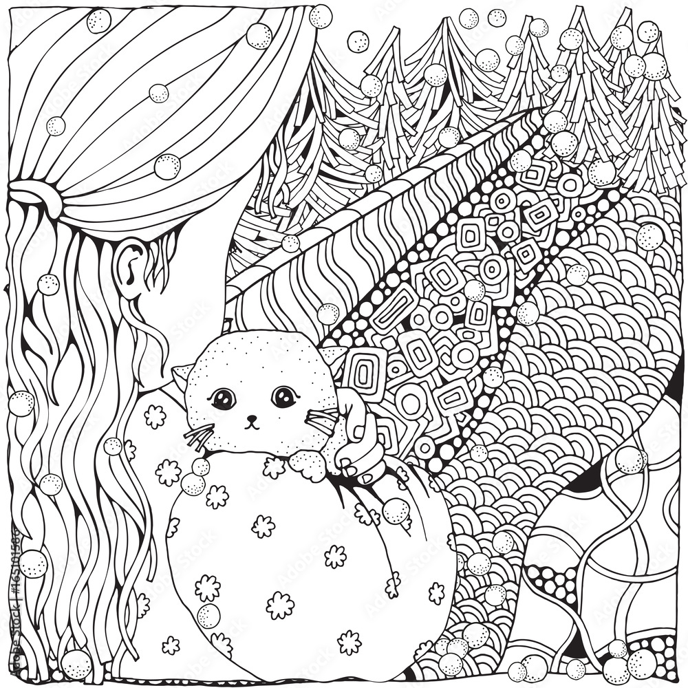 Cute cartoon girl with cat winter snowing adult coloring book page firs christmas trees black and white black and white vector vector