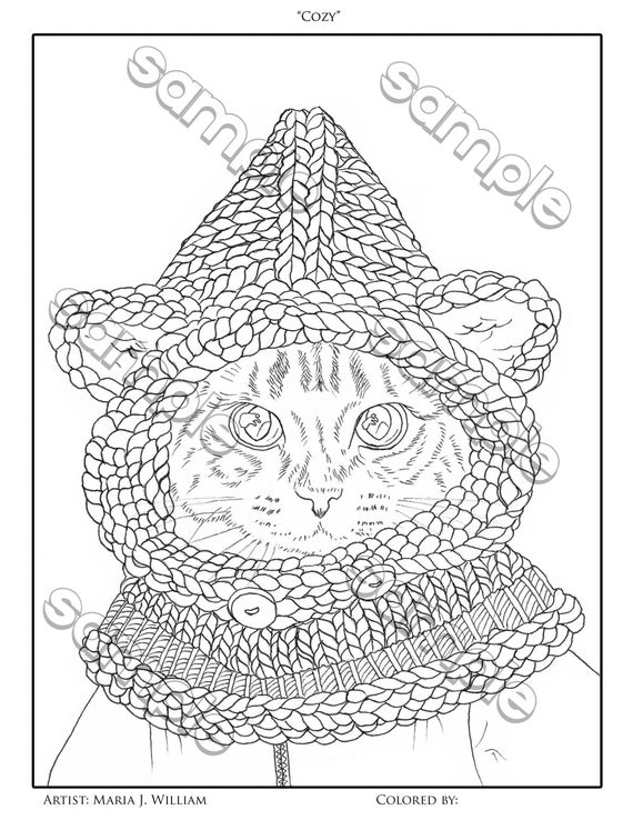 Cute cat in a winter hat coloring page by maria j william instant pdf download