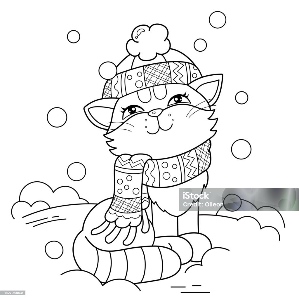 Coloring page outline of cartoon cute cat in a winter hat with a scarf in the snow coloring book for kids stock illustration