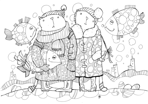 Cats dress warmly in winter coloring page free printable coloring pages