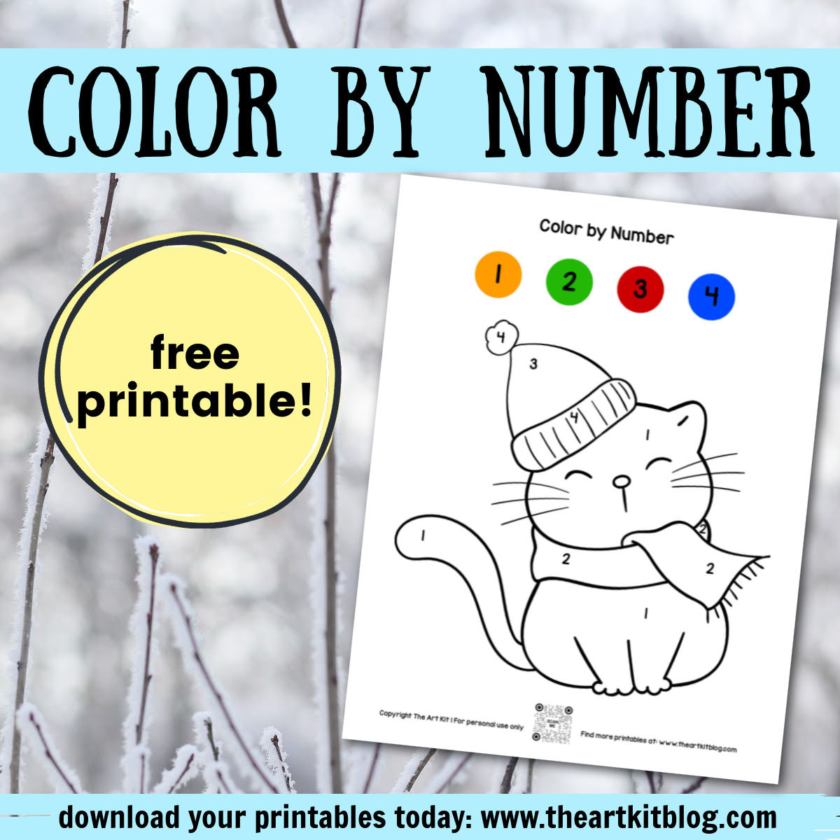 Color by number winter cat coloring page free â the art kit